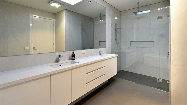 ATMOS™ & reFLECT™ - FRAMELESS SHOWER SCREEN 10mm - FRONT ONLY - HIGHTON - Bathroom Mirror - In Situ Shower Recess - Supplied & Installed by - geelongsplashbacks.com.au